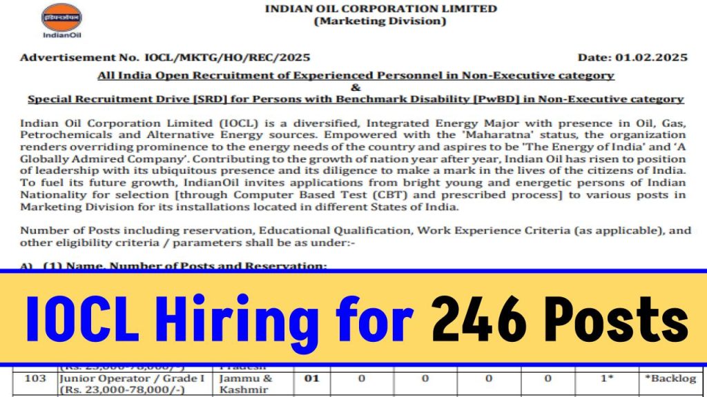 IOCL Hiring for 246 Posts Jr Operator, Attendant, and Business Assistant – Apply Online!