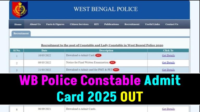 WB Police Constable Admit Card 2025 OUT – WBP Constable Exam Date & Download Your Hall Ticket @ wbpolice.gov.in