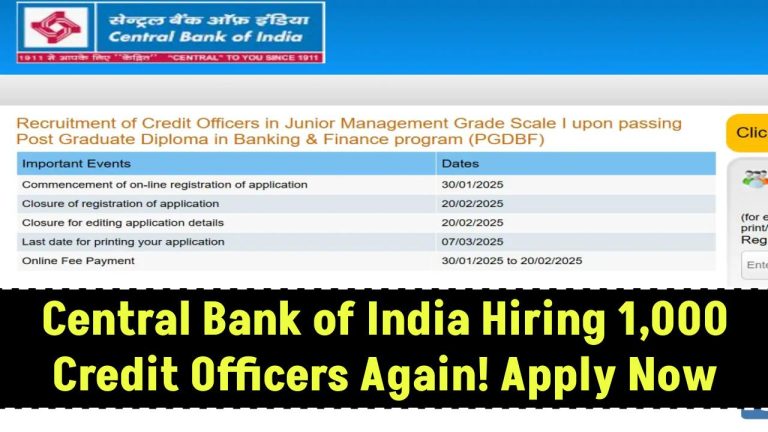 Central Bank of India Hiring 1,000 Credit Officers Again – Last Date to Apply: March 10!